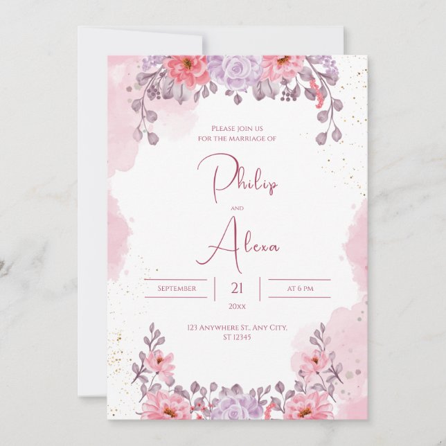 Invitación Boda de acuarela rosa rosa rosa de oro (Anverso)