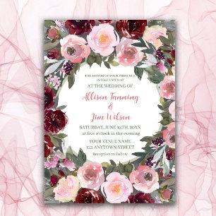 Invitación Boda de acuarela rosa rosa y turbio de Borgoña