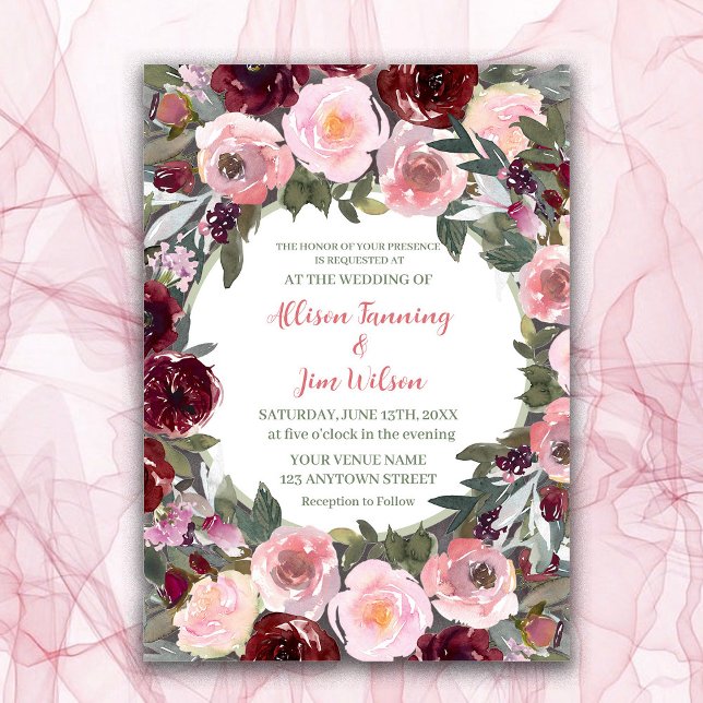 Invitación Boda de acuarela rosa rosa y turbio de Borgoña (Subido por el creador)