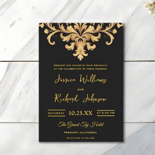 Invitación Boda de acuarela Royal Black Gold Damask