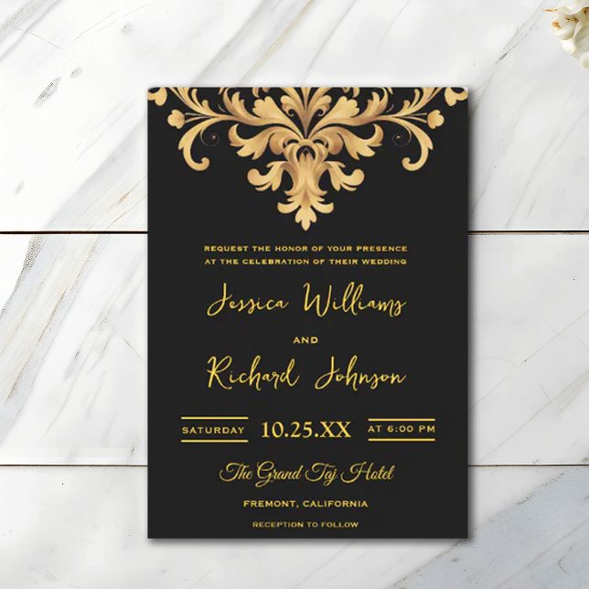 Invitación Boda de acuarela Royal Black Gold Damask (Subido por el creador)
