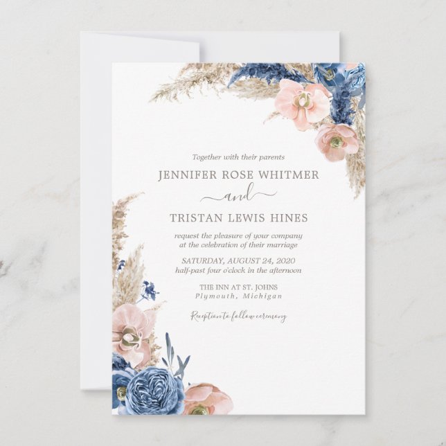 Invitación Boda de acuarela Rubor Blue Boho Dried Pampas (Anverso)