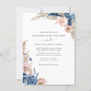 Invitación Boda de acuarela Rubor Blue Boho Dried Pampas