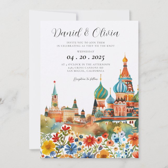 Invitación Boda de acuarela rusa de Moscú (Anverso)