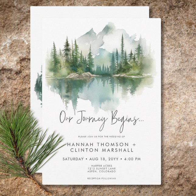Invitación Boda de acuarela Rustic Mountain Lake Scene (Rustic Mountain Lake Scene Watercolor Wedding Invitation)