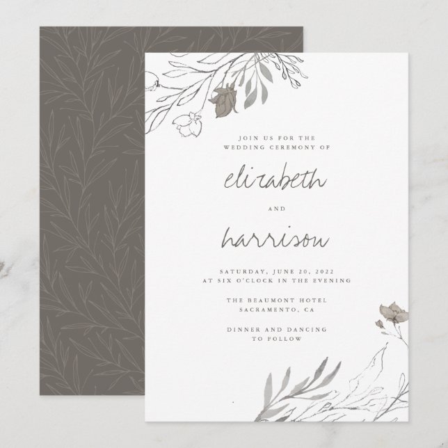 Invitación Boda de acuarela rústica con flores dibujadas a ma (Anverso / Reverso)