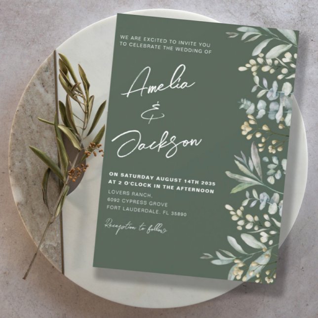 Invitación Boda de Acuarela Rústica con Verde Eucalipto (Subido por el creador)