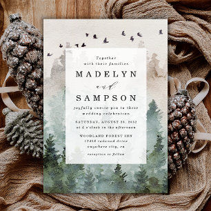 Invitación Boda de acuarela rústica de bosque de pinos