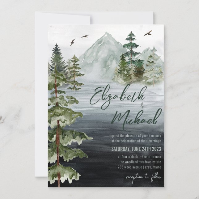 Invitación Boda de acuarela rústica de la montaña evergreen (Anverso)