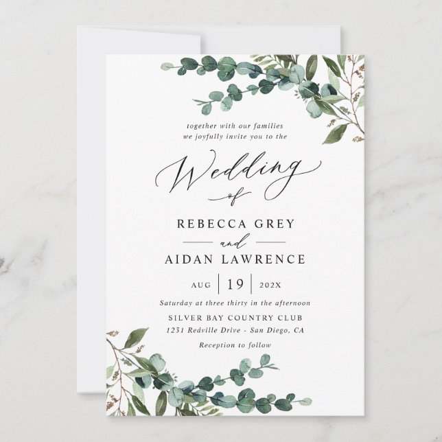 Invitación Boda de Acuarela Rústica de Verde Todo en Uno (Anverso)