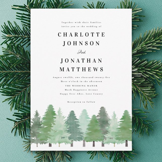 Invitación Boda de Acuarela Rústica en Bosque de Pinos (Modern elegant woodland winter wedding invitation Minimalist watercolor fir tree forest )