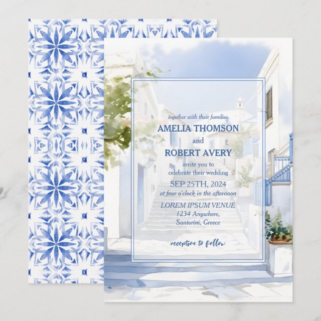 Invitación Boda de acuarela Santorini Destination Greece (Anverso / Reverso)