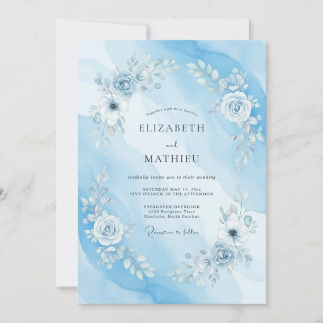 Invitación Boda de Acuarela Serena Azul Cerúleo (Anverso)