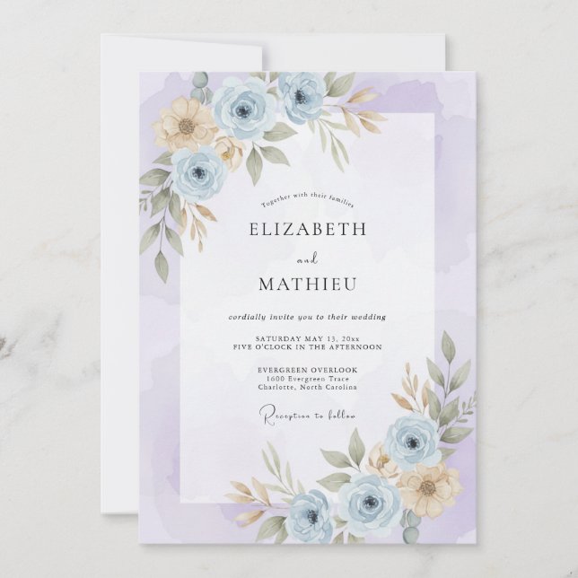 Invitación Boda de acuarela serena de lavanda (Anverso)