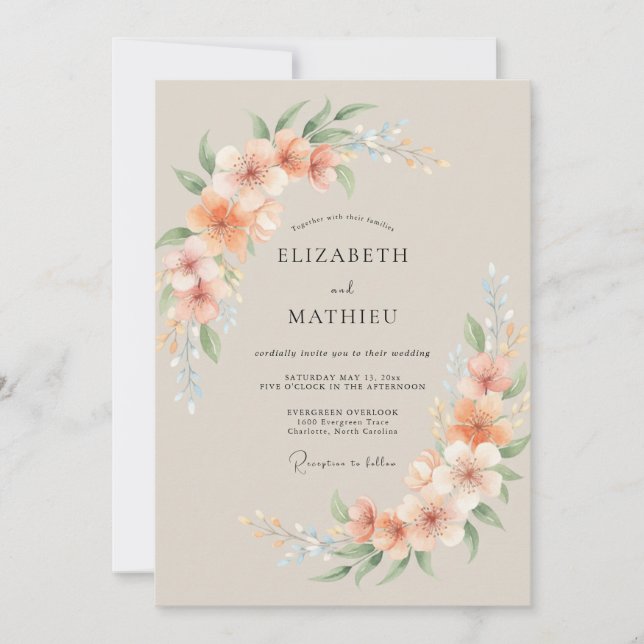 Invitación Boda de Acuarela Serena de Melocotón (Anverso)