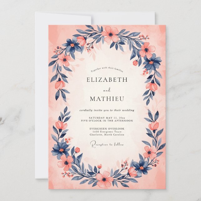 Invitación Boda de Acuarela Serena Índigo Melocotón (Anverso)