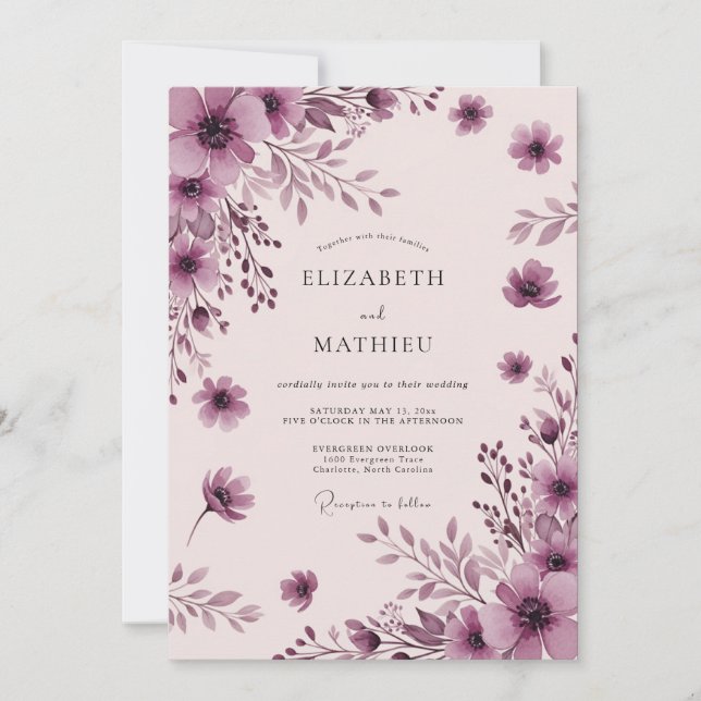 Invitación Boda de Acuarela Serena Malva (Anverso)
