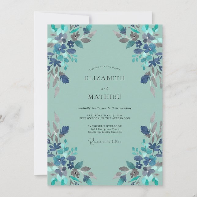 Invitación Boda de Acuarela Silvestre Aqua (Anverso)
