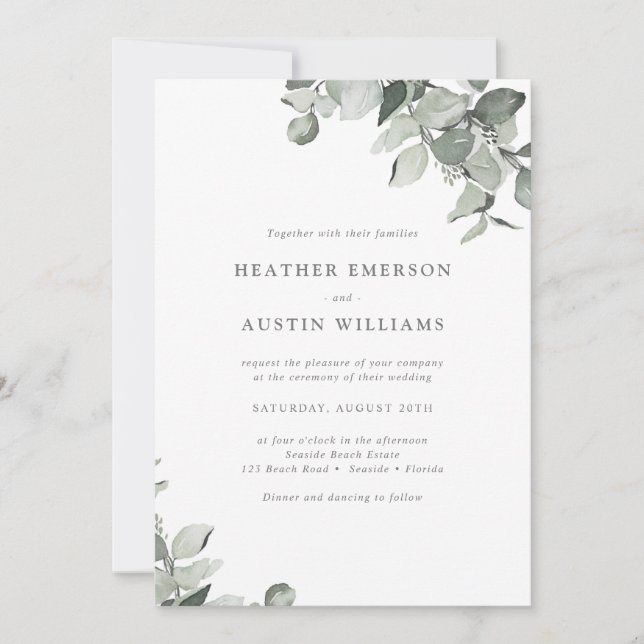 Invitación Boda de acuarela simple moderna eucalipto (Anverso)