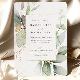 Invitación Boda de acuarela sinusal, verde y dorada