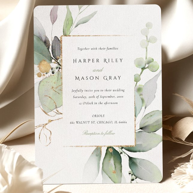 Invitación Boda de acuarela sinusal, verde y dorada (Subido por el creador)