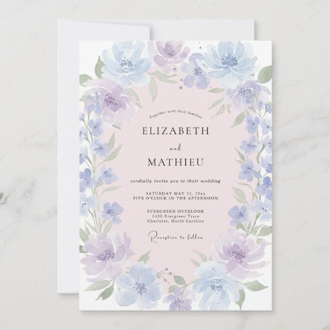 Invitación Boda de acuarela soñadora azul lavanda (Anverso)