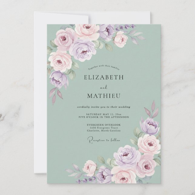 Invitación Boda de Acuarela Soñadora en Verde Salvia (Anverso)