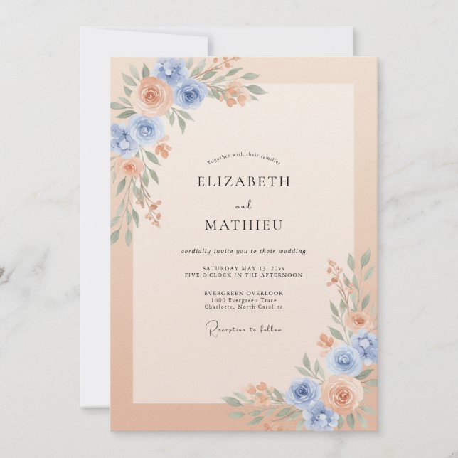 Invitación Boda de Acuarela Suave Azul Melocotón (Anverso)