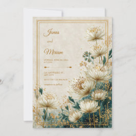 Invitación Boda de Acuarela Teal Astrantia Dorada Crema