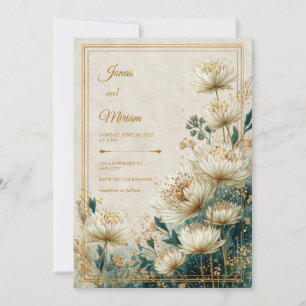 Invitación Boda de Acuarela Teal Astrantia Dorada Crema