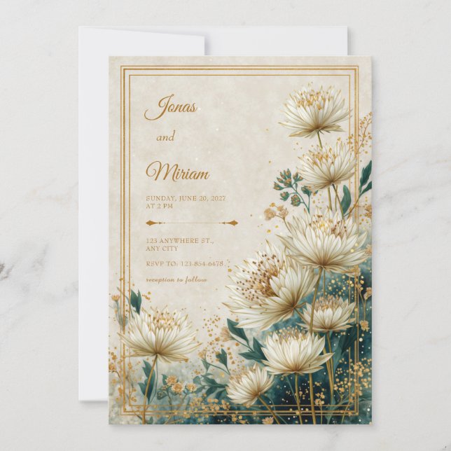 Invitación Boda de Acuarela Teal Astrantia Dorada Crema (Anverso)