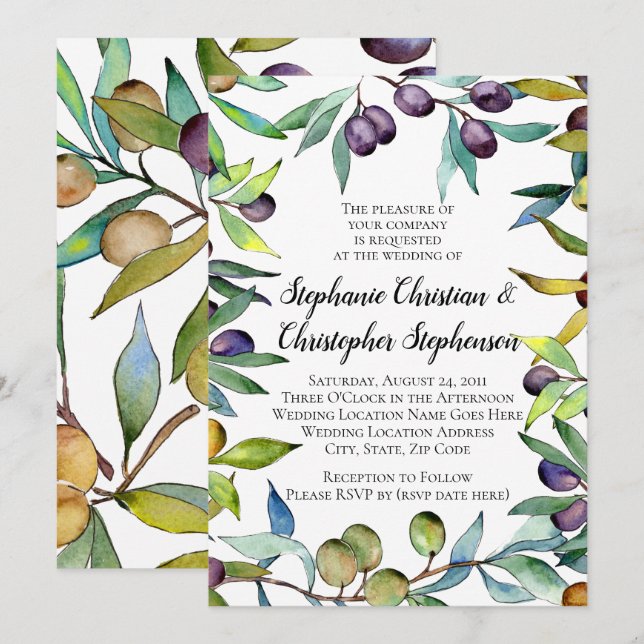 Invitación Boda de acuarela toscana de aceitunas saladas (Anverso / Reverso)