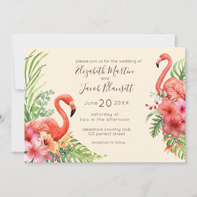 Invitación Boda de acuarela tropical Flamingos e Hibiscus (Anverso)