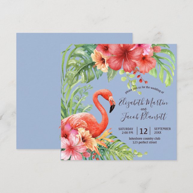 Invitación Boda de acuarela tropical Flamingos e Hibiscus (Anverso / Reverso)
