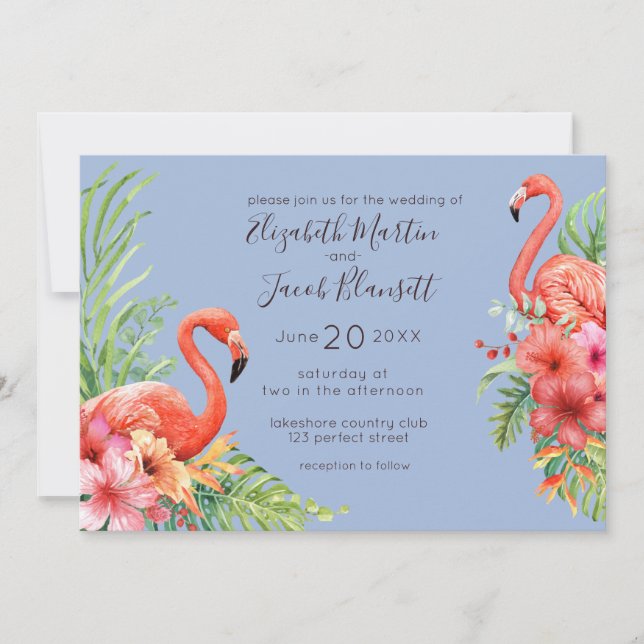 Invitación Boda de acuarela tropical Flamingos e Hibiscus (Anverso)