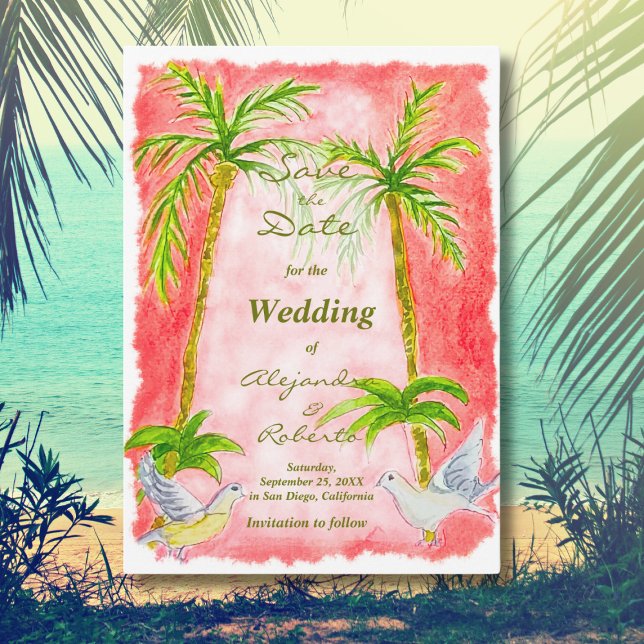 Invitación Boda de acuarela tropical rusa salva la fecha (Subido por el creador)