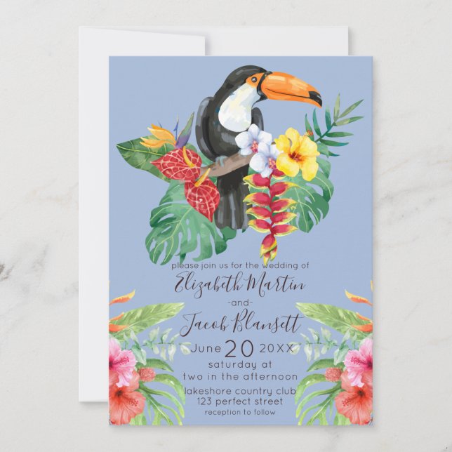 Invitación Boda de acuarela tropical Toucan & Hibiscus (Anverso)