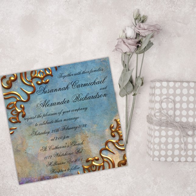 Invitación Boda de acuarela Verde azulada antigua y joyas de  (Subido por el creador)