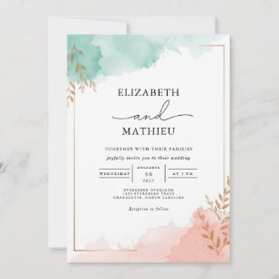 Invitación Boda de acuarela Verde azulada de turba y niebla