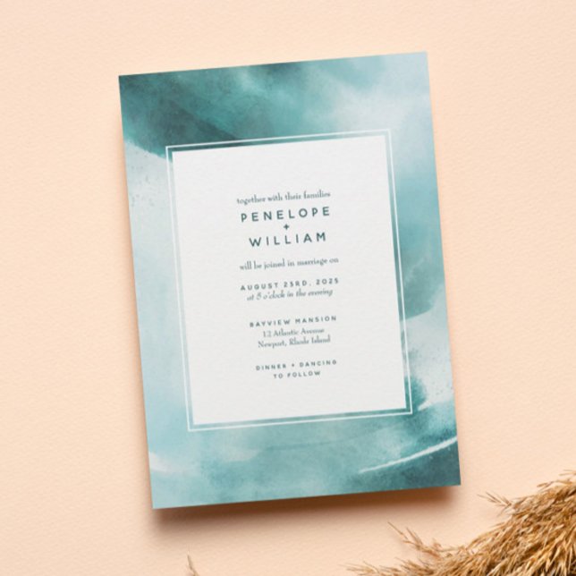 Invitación Boda de acuarela Verde azulada oceánica moderna (Subido por el creador)