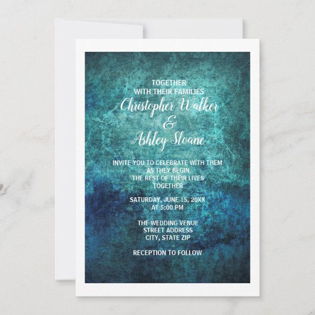 Invitación Boda de acuarela verde azulada y azul marino (Anverso)