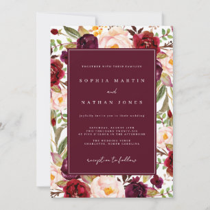Invitación Boda de Acuarela Verde Burgundy Lujuriosa Floral