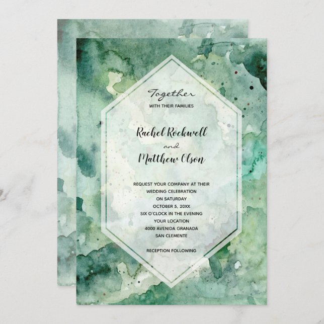 Invitación Boda de acuarela verde moderno (Anverso / Reverso)