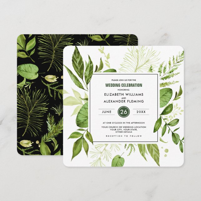 Invitación Boda de acuarela verde negro (Anverso / Reverso)