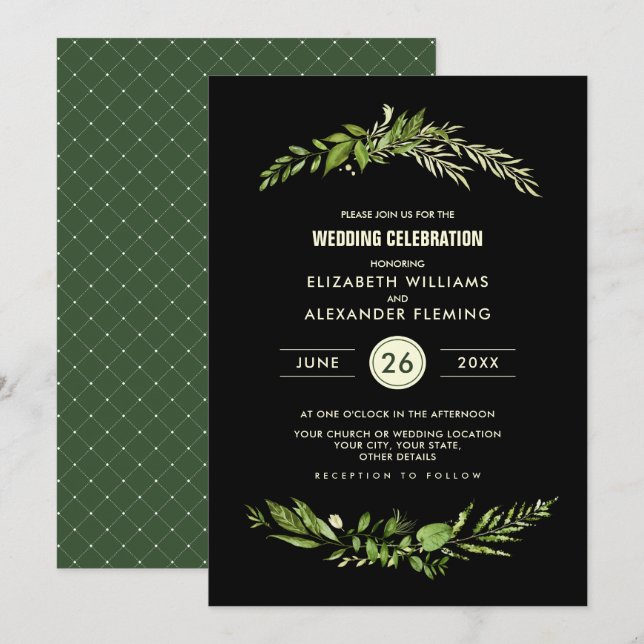 Invitación Boda de acuarela verde negro (Anverso / Reverso)