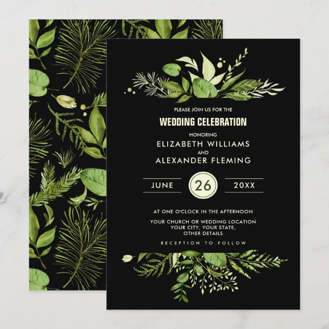 Invitación Boda de acuarela verde negro (Anverso / Reverso)