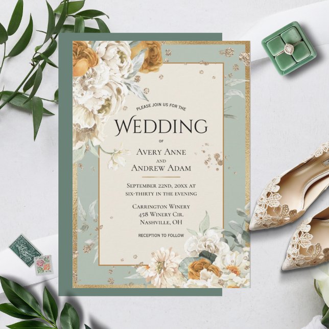 Invitación Boda de acuarela verde neutral floral preciosa (Subido por el creador)