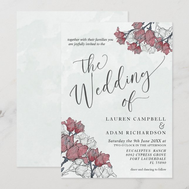 Invitación Boda de acuarela verde rosa y salado de flores rus (Anverso / Reverso)