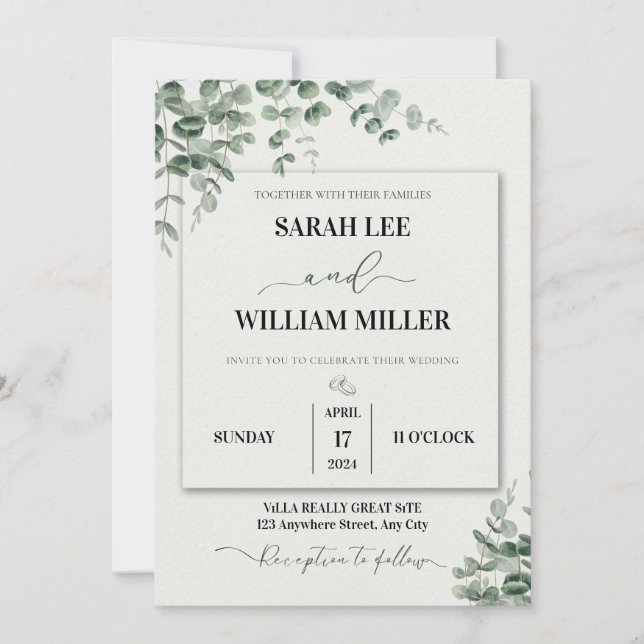 Invitación Boda De Acuarela Verde Y Blanco Personalizado (Anverso)