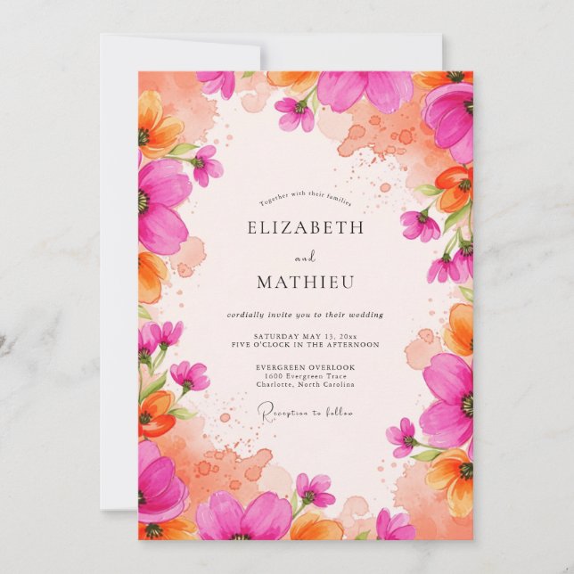 Invitación Boda de Acuarela Vibrante Magenta (Anverso)